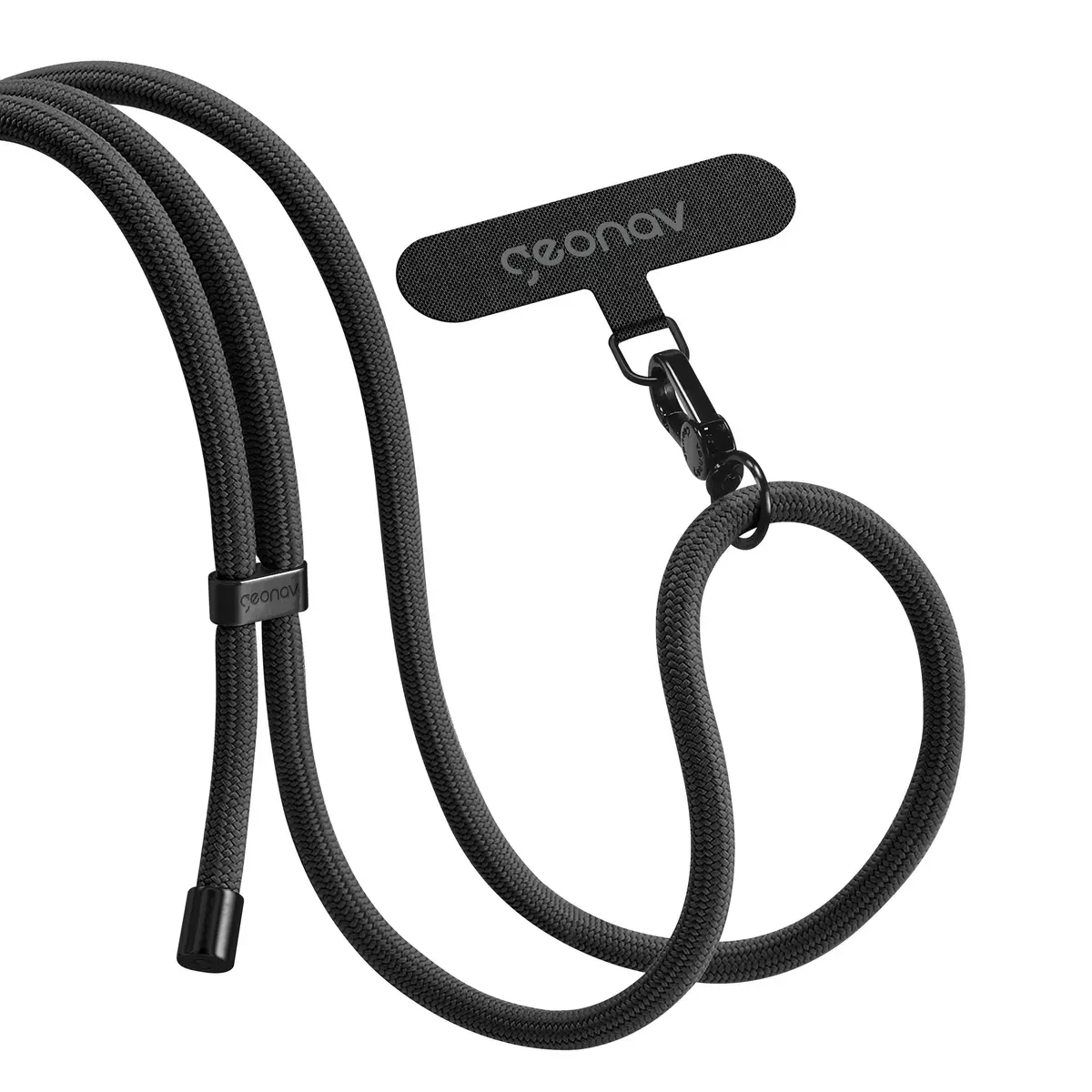 Geonav Cordão de pescoço universal para celular, encaixa em todas os modelos de capinhas, alça ajustável, 1.6 m, lavável, poliéster, evita quedas, CDUL01, preto