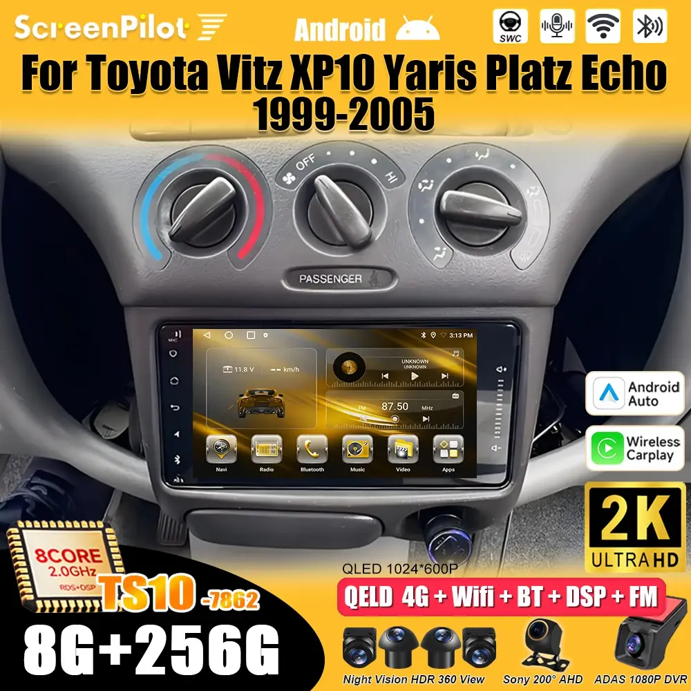 Para Toyota Vitz XP10 Yaris Platz Echo 1999 2000 2001 - 2005, Reprodutor de Vídeo Multimídia Android 16 com Tela Touch Carplay RDS 8 Core - 1