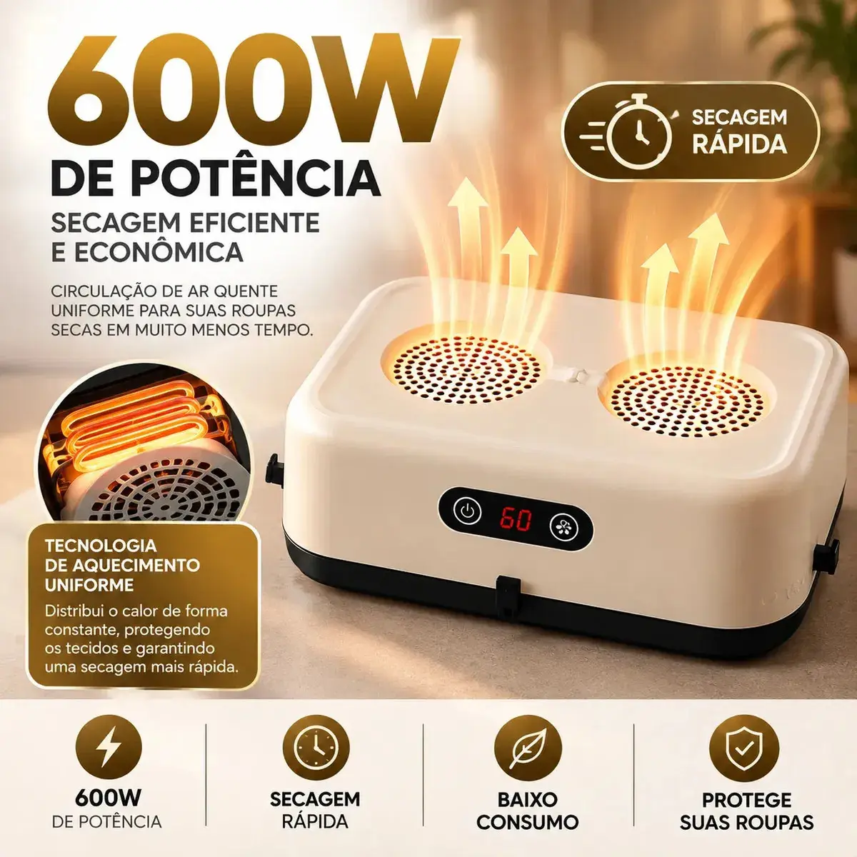 Secador De Roupas 600w Elétrico Portátil Suspenso Cortina Compacto Econômico Seca Rápido thumbnail 6