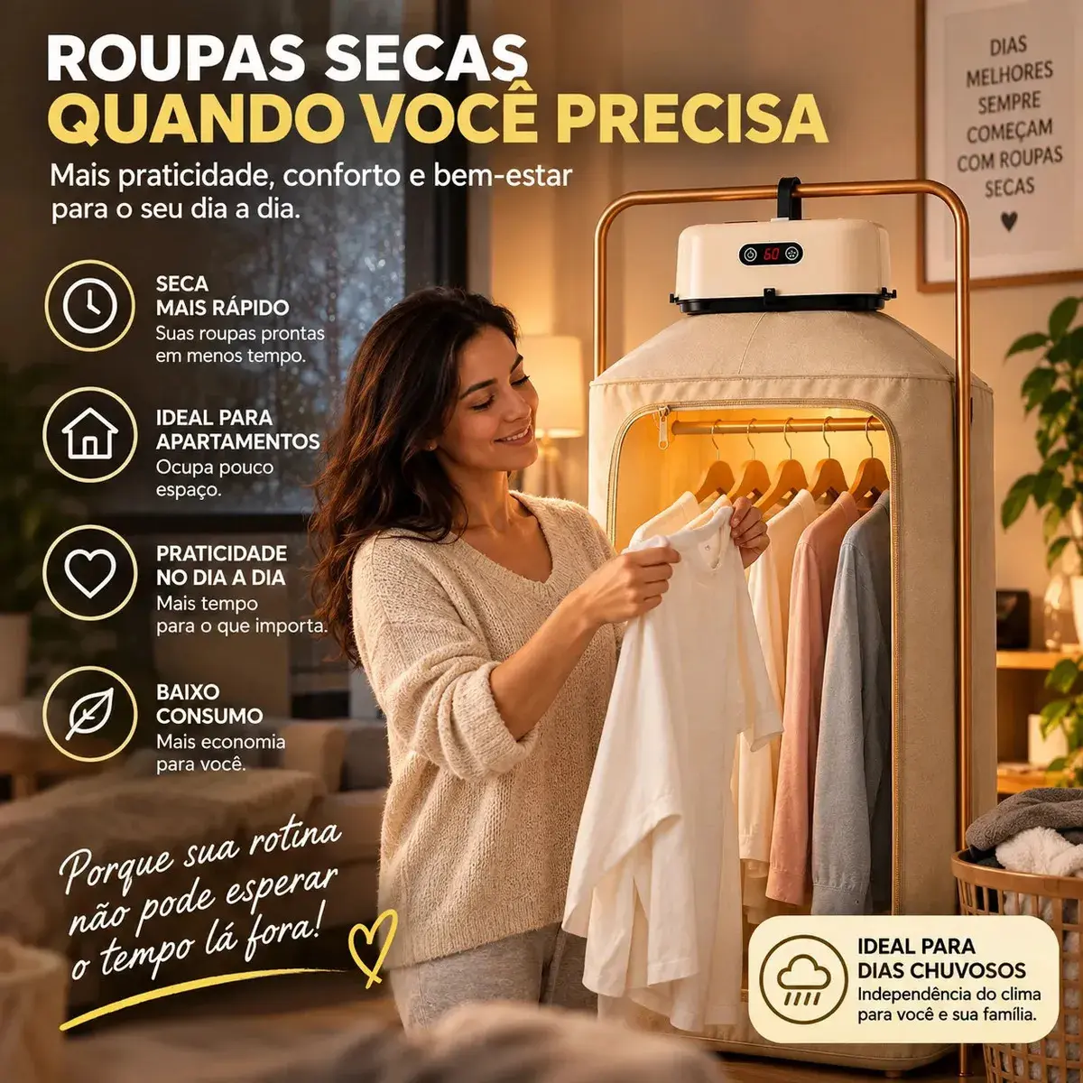Secador De Roupas 600w Elétrico Portátil Suspenso Cortina Compacto Econômico Seca Rápido thumbnail 7