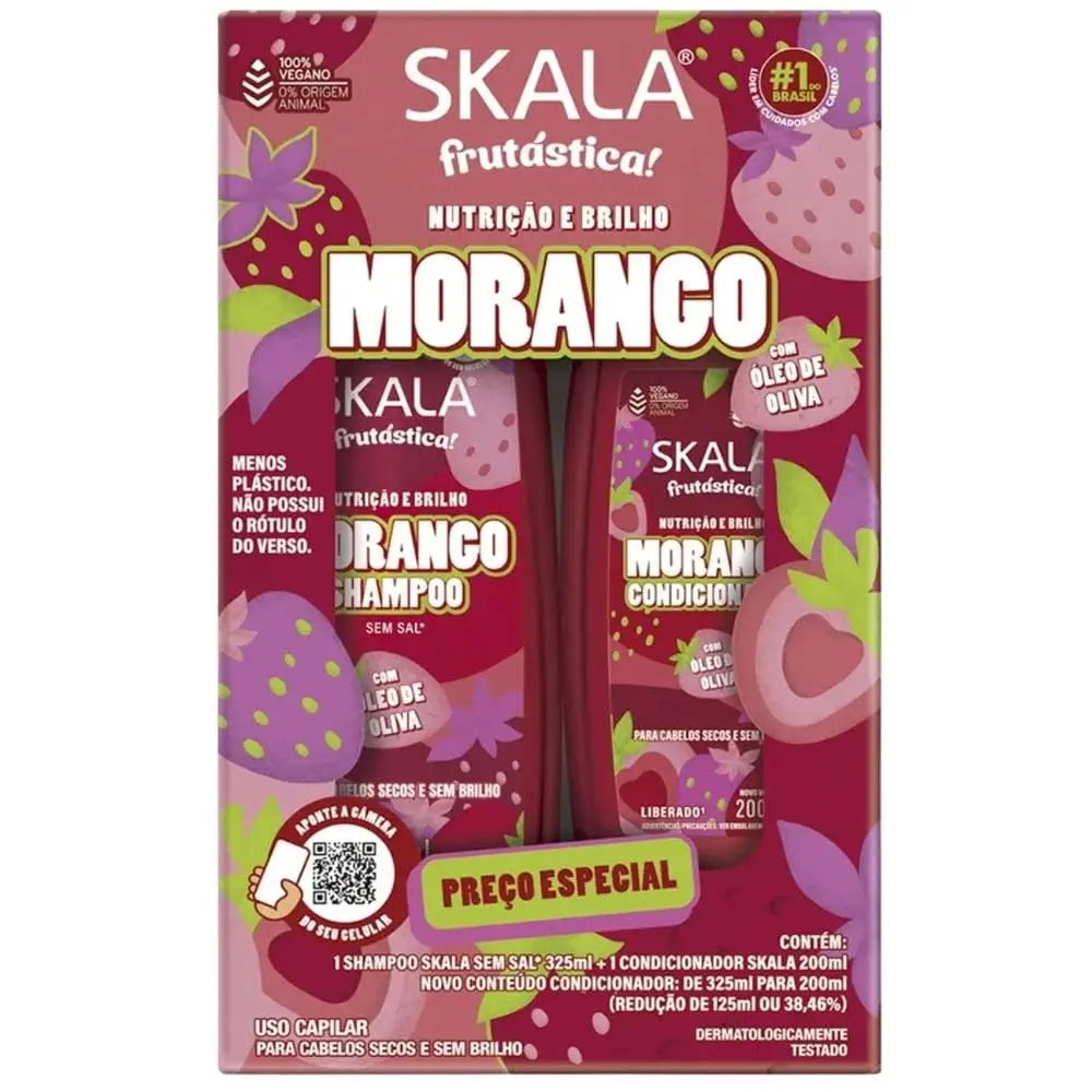 Kit Shampoo + Condicionador Skala Morango 325ml + 200ml | Hidratação e Brilho | Vegano | Liberado Low/No Poo | Uso Diário