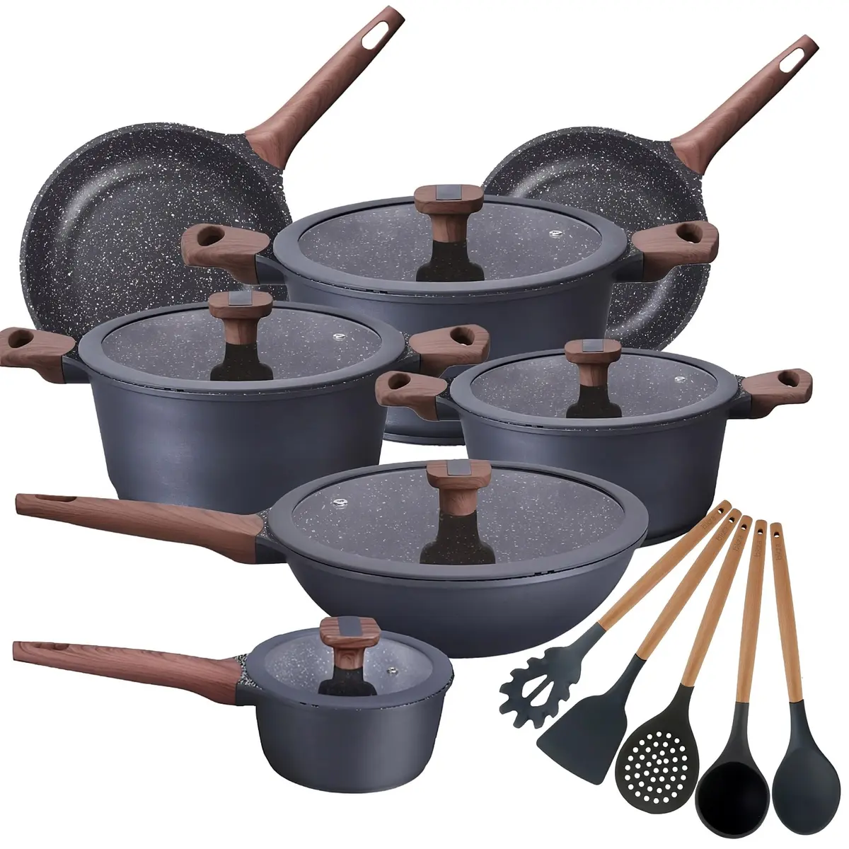 Jogo de Panelas 12 Peças Titanium Exclusive Antiaderente Granito Bkza by MTA - Conjunto Com Wok Frigideiras Caçarolas Utensílios em Silicone e Panela - Ceramic Flon Marmorizado - Espessura 5mm