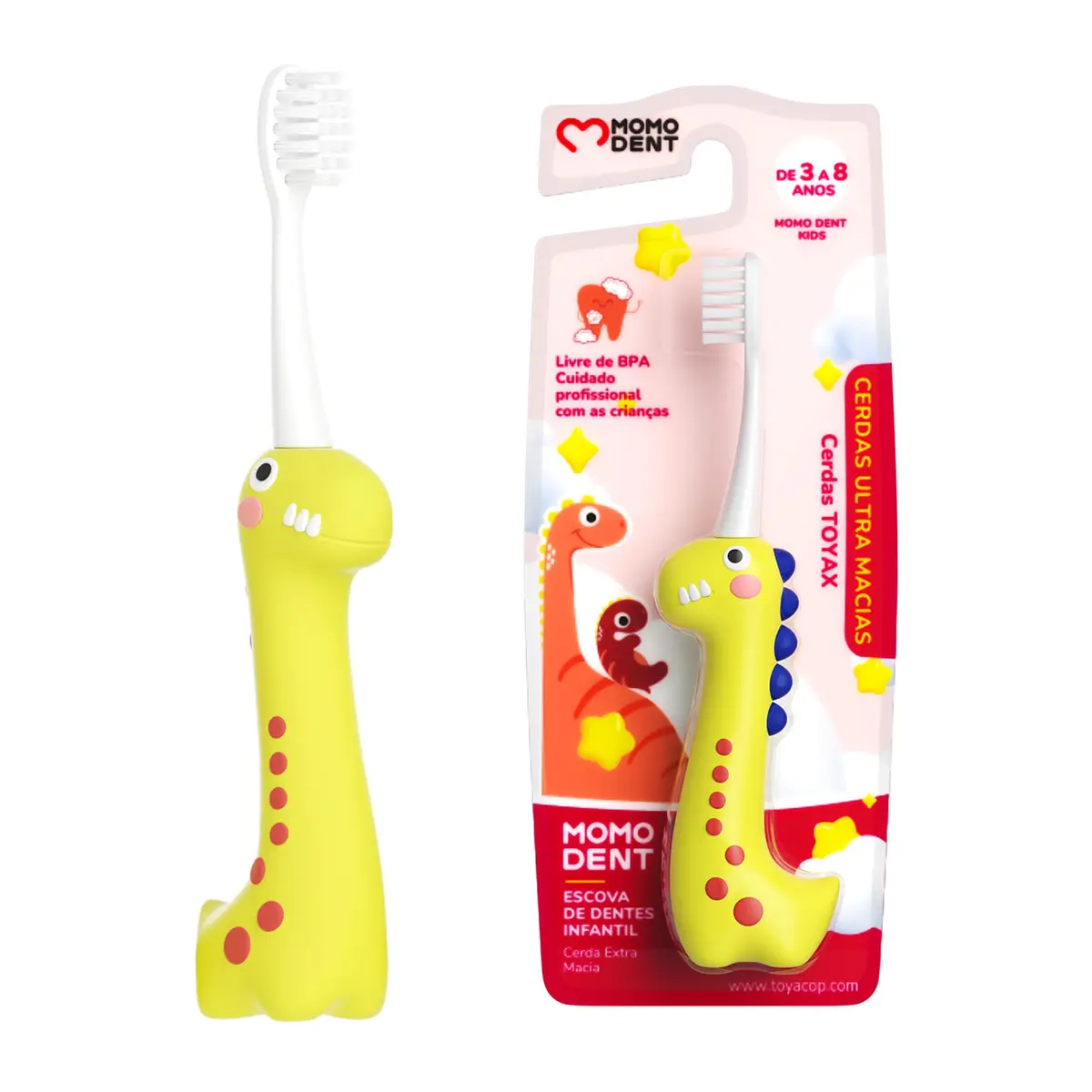 MOMODENT Escova de Dente Infantil Dinossauro - Cerdas Super Macias, Cabo Ergonômico, Para Crianças de 3 a 8 Anos, Compacta e Portátil, 1 Unidade