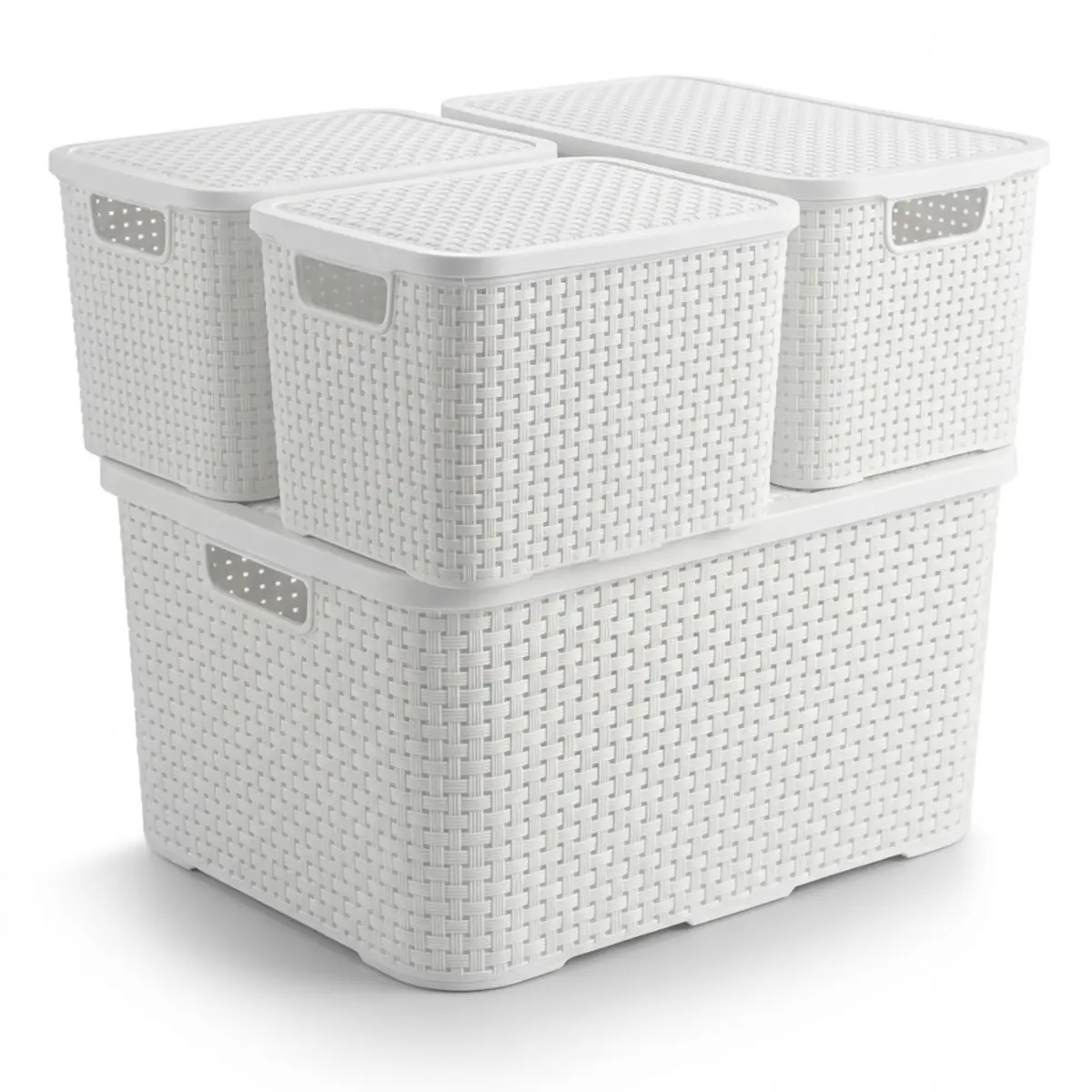 Kit 4 Caixas Organizadoras Rattan com Tampa – Organizador de Armário Multiuso (18L + 7L + 2x 3,5L) Cesto Organizador para Banheiro, Closet, Cozinha e Lavanderia - Monte Líbano (Branca)
