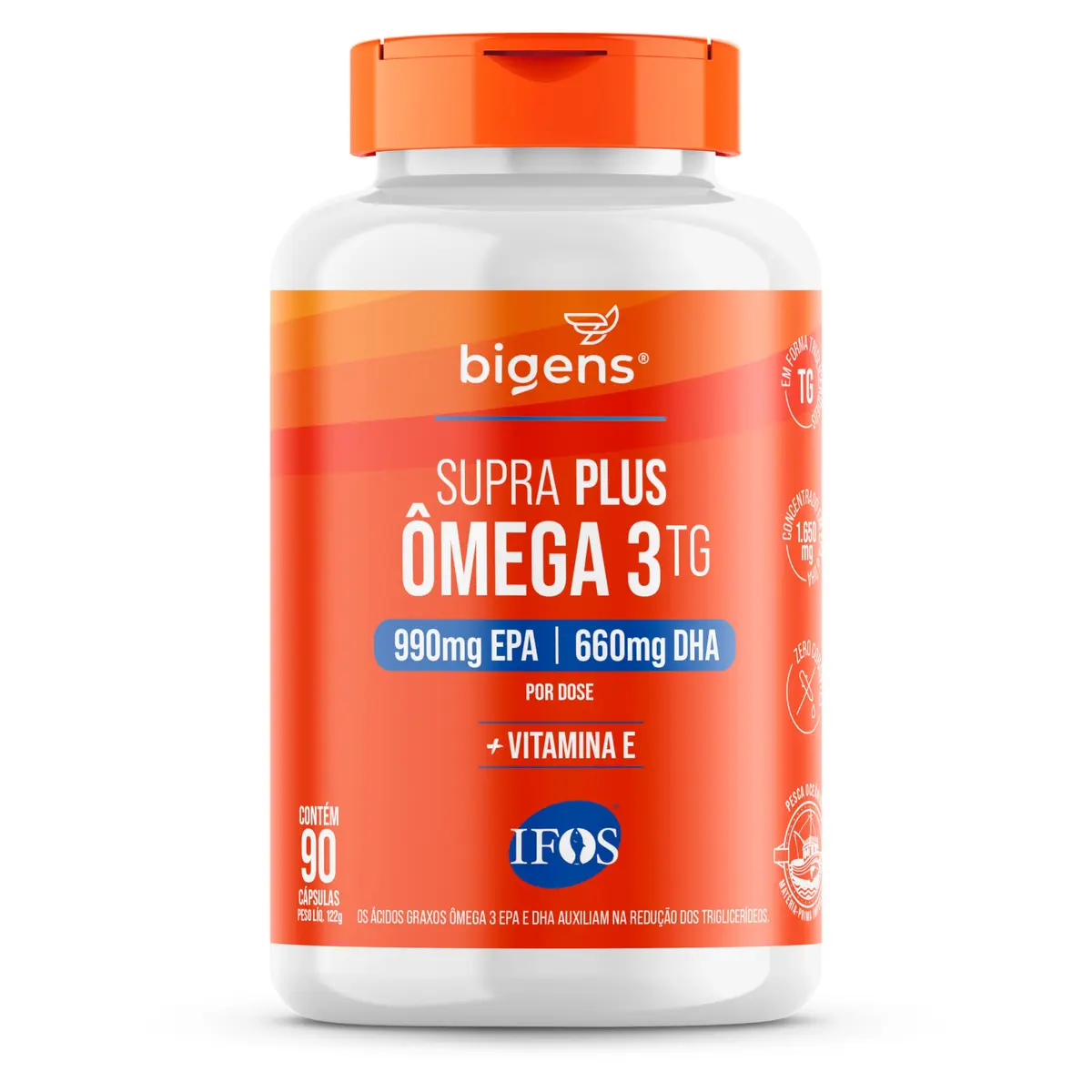 Bigens Supra Plus Ômega 3 + Vit E, 990mg EPA, 660mg DHA, MEG-3®, 90 Cápsulas