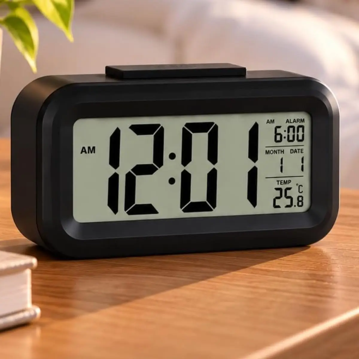 Relógio de Mesa Digital Despertador Visor LCD Temperatura Calendário Preto | Visor LED com Backlight suave - Função Snooze Inteligente - Exite hora, data e dia - Design Compacto e Moderno
