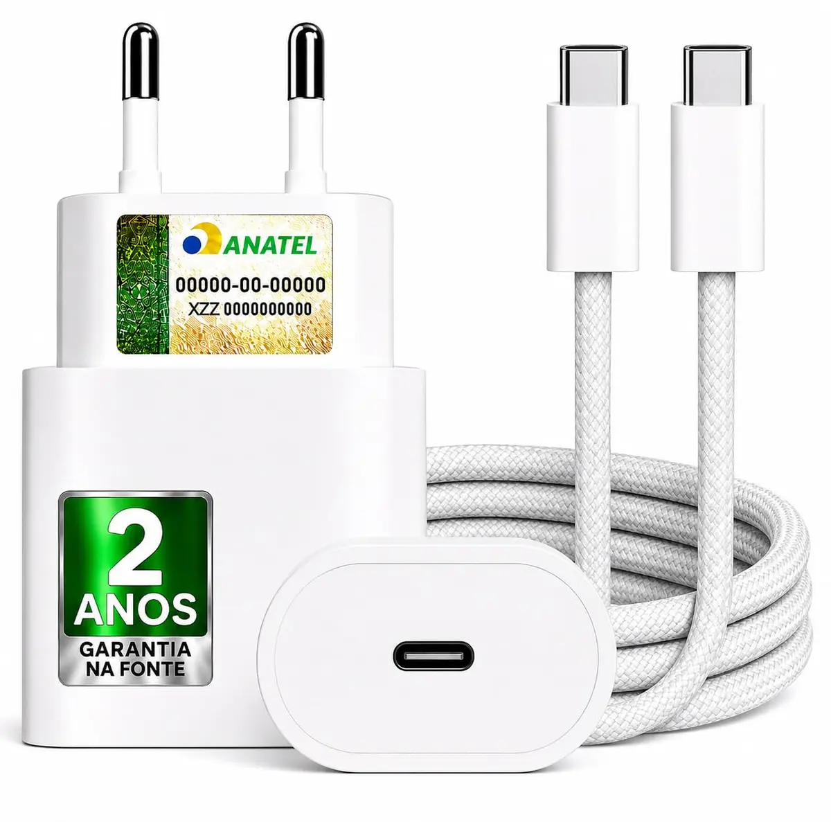 Carregador Turbo 25W - Cabo USB-C Reforçado 1METRO | Compatível com ANDROID, IPHONE 15, 16, 17 e Todos os Dispositivos USB-C | Fonte Bivolt, Power DUO