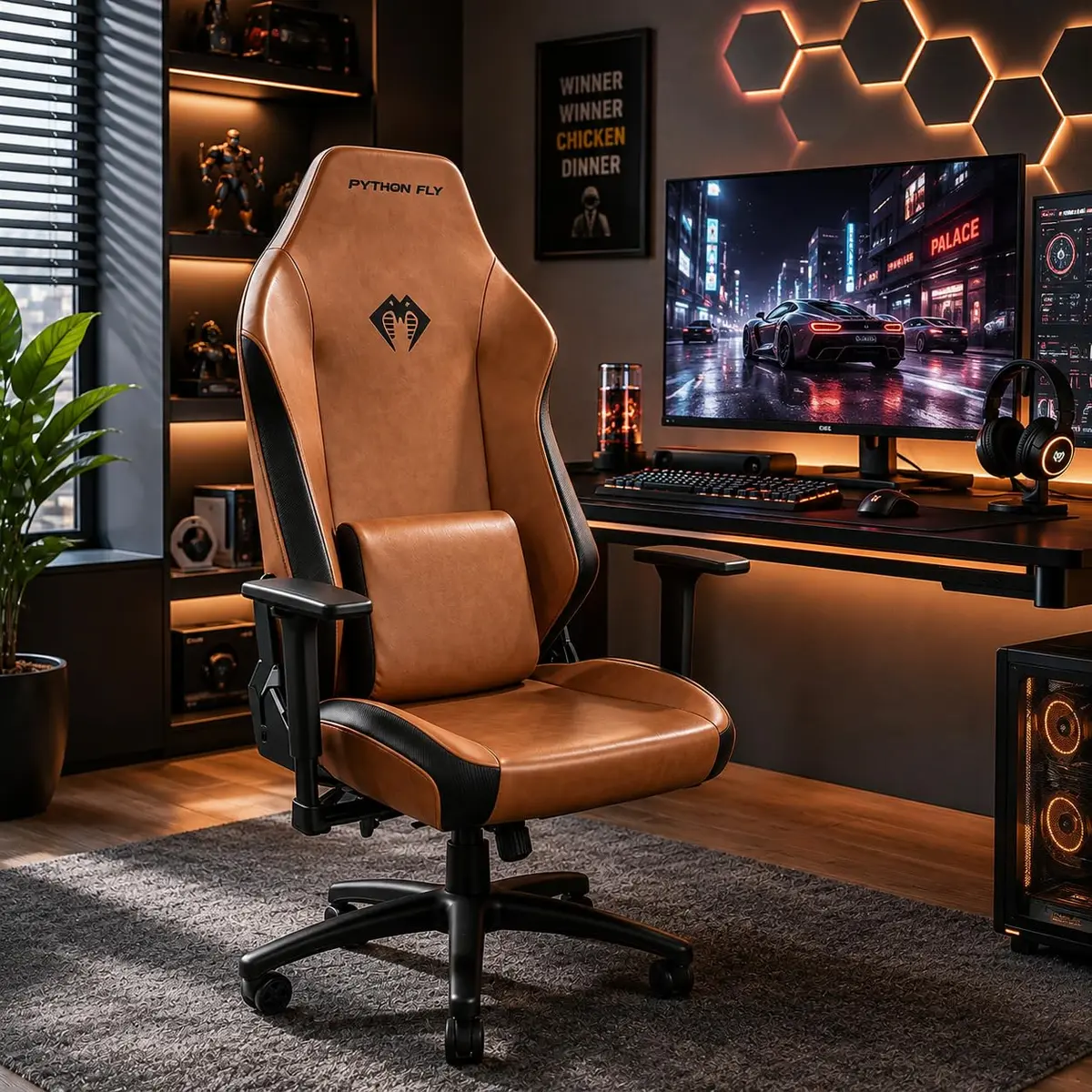 Python Fly Cadeira Gamer Reclinável 155° com Apoio de Braço 3D, Assento Extra Largo e Design Racing, Marrom