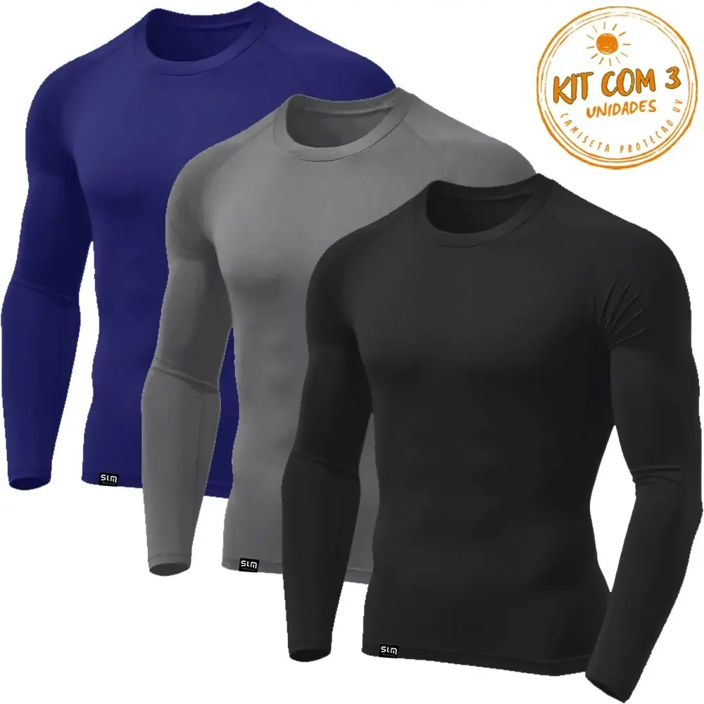 Kit 3 Camisetas Masculinas Segunda Pele Proteção UV Térmica - 1