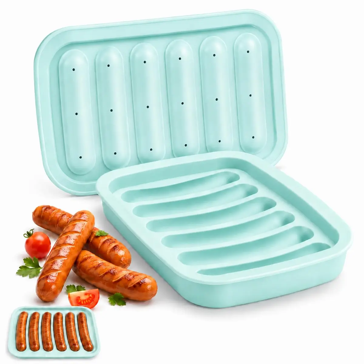 Forma de Silicone para Salsicha e Linguiça Caseira com Tampa, Molde Antiaderente com 6 Cavidades, Reutilizável para Cachorro-Quente, Embutidos Artesanais e Receitas Caseiras (Verde Claro) - 1