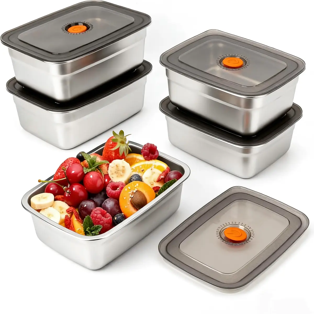 Conjunto de 5 Recipientes de Aço Inoxidável para Armazenamento de Alimentos com Tampas à Prova de Vazamentos, 1000ml, Empilháveis, sem BPA - 1