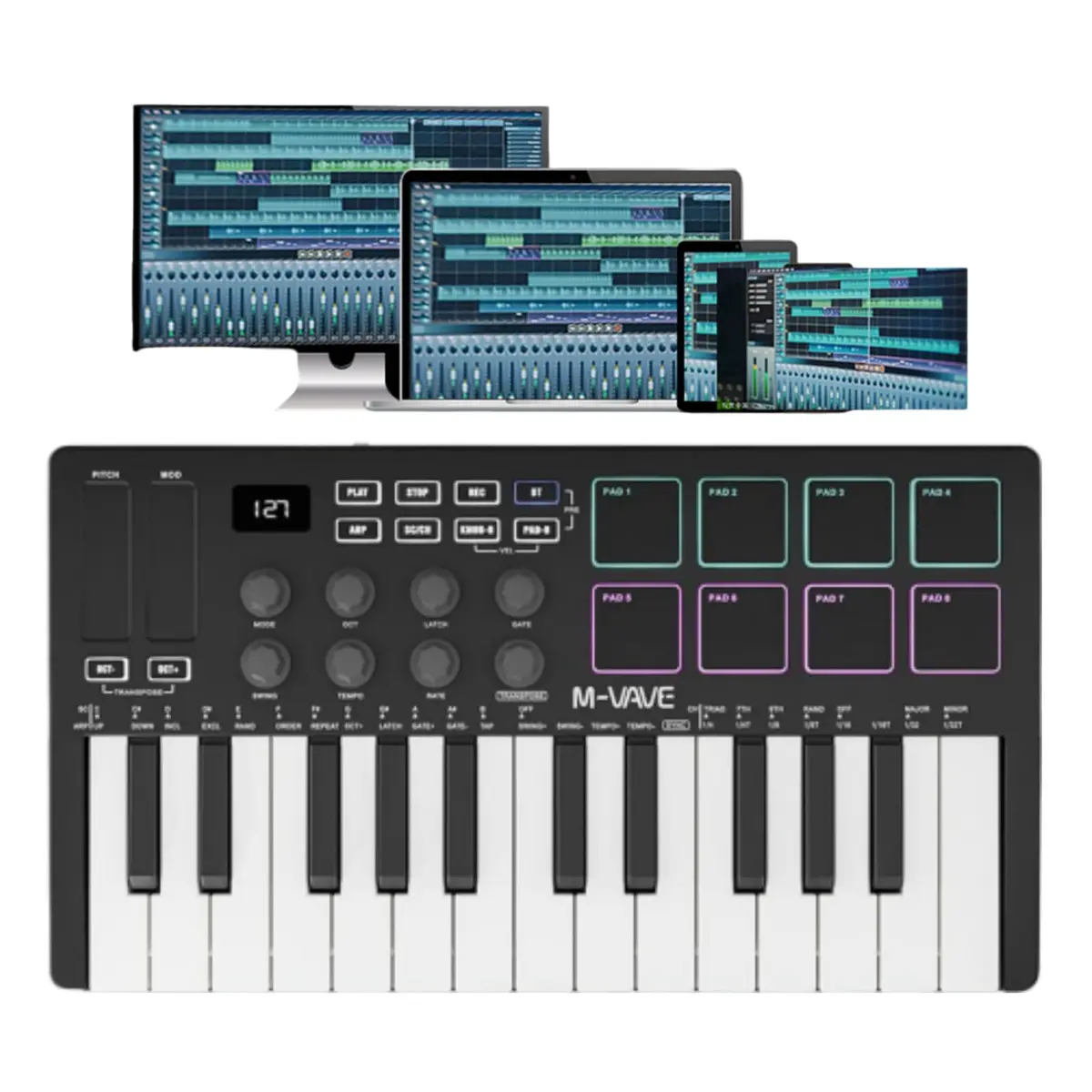 VEDO M-VAVE SMK-25 Controlador MIDI, com 25 Teclas Sensíveis à Velocidade, 8 Pads RGB, Compatível Windows/Mac/i0S/Android, A Escolha Perfeita Para os Amantes da MúSica, Original Autêntico, Preto