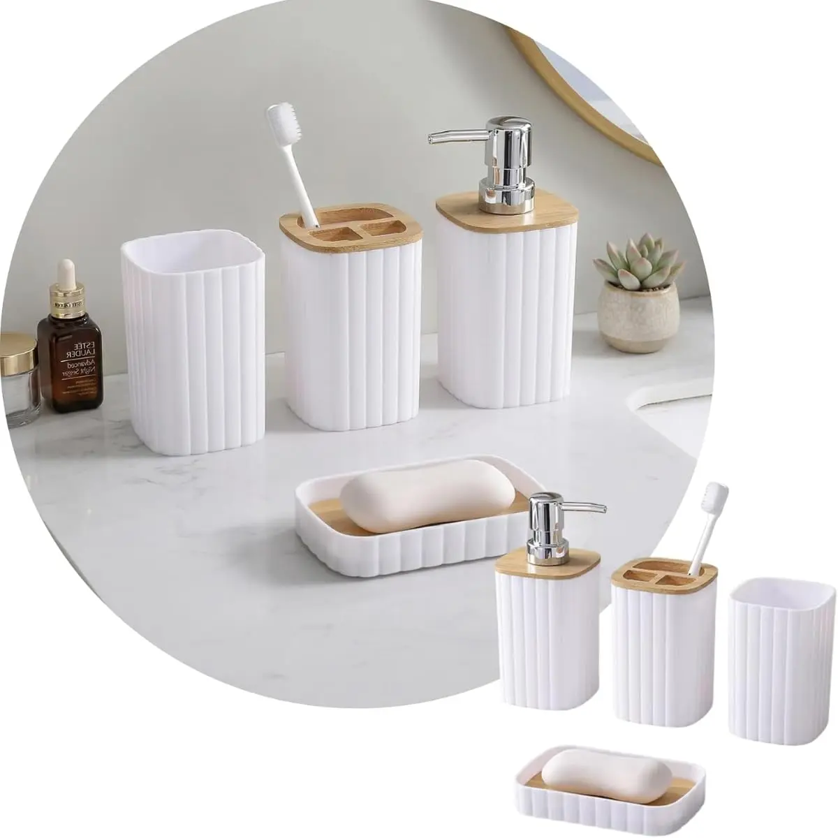 Kit Banheiro 4 Peças Bambu Dispenser Saboneteira (Branco) | 4 Peças, Dispenser Incluso, Saboneteira Inclusa, Material Bambu, Para Banheiro
