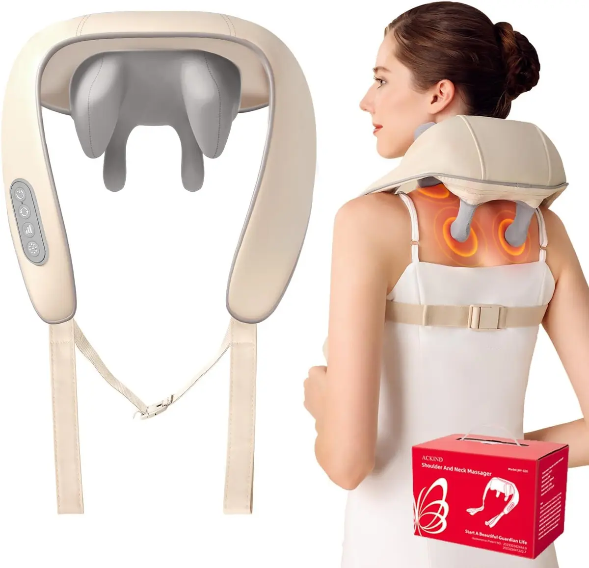 Massageador de Pescoço Shiatsu, Alívio da Dor nos Tecidos Profundos, Massagem 5D para Pescoço, Ombro e Costas, Massageador Elétrico com Calor, Sem Fio, Recarregável, Presente