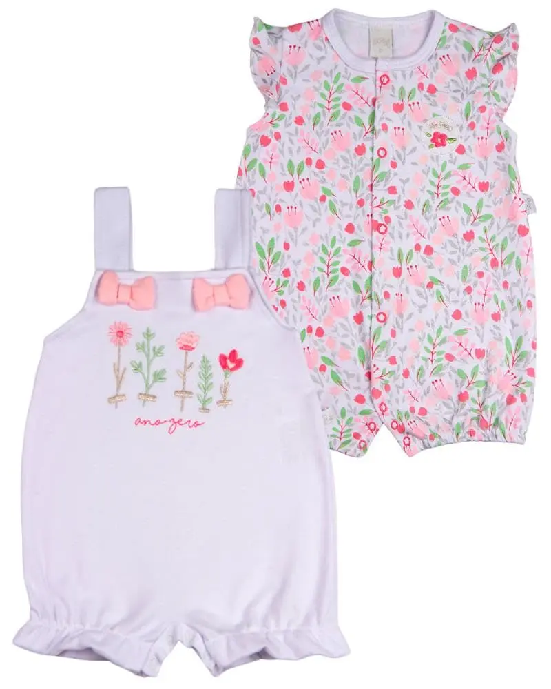 Macacao Bebe Suedine Menina Estampado e Liso Kit Macacão Suedine Algodao Floral 2 Pecas - Branco