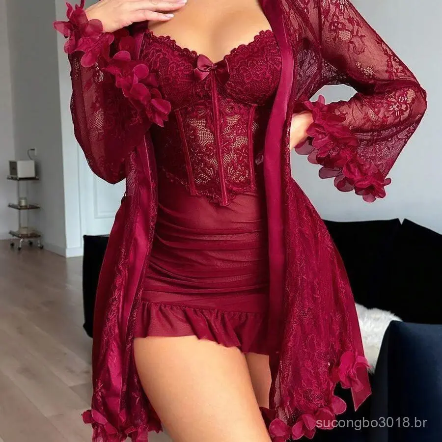 Conjunto de 2 Peças de Camisola e Roupão de Cetim com Renda e Gaze, Elegante e Sexy para Mulheres IEBB - 1