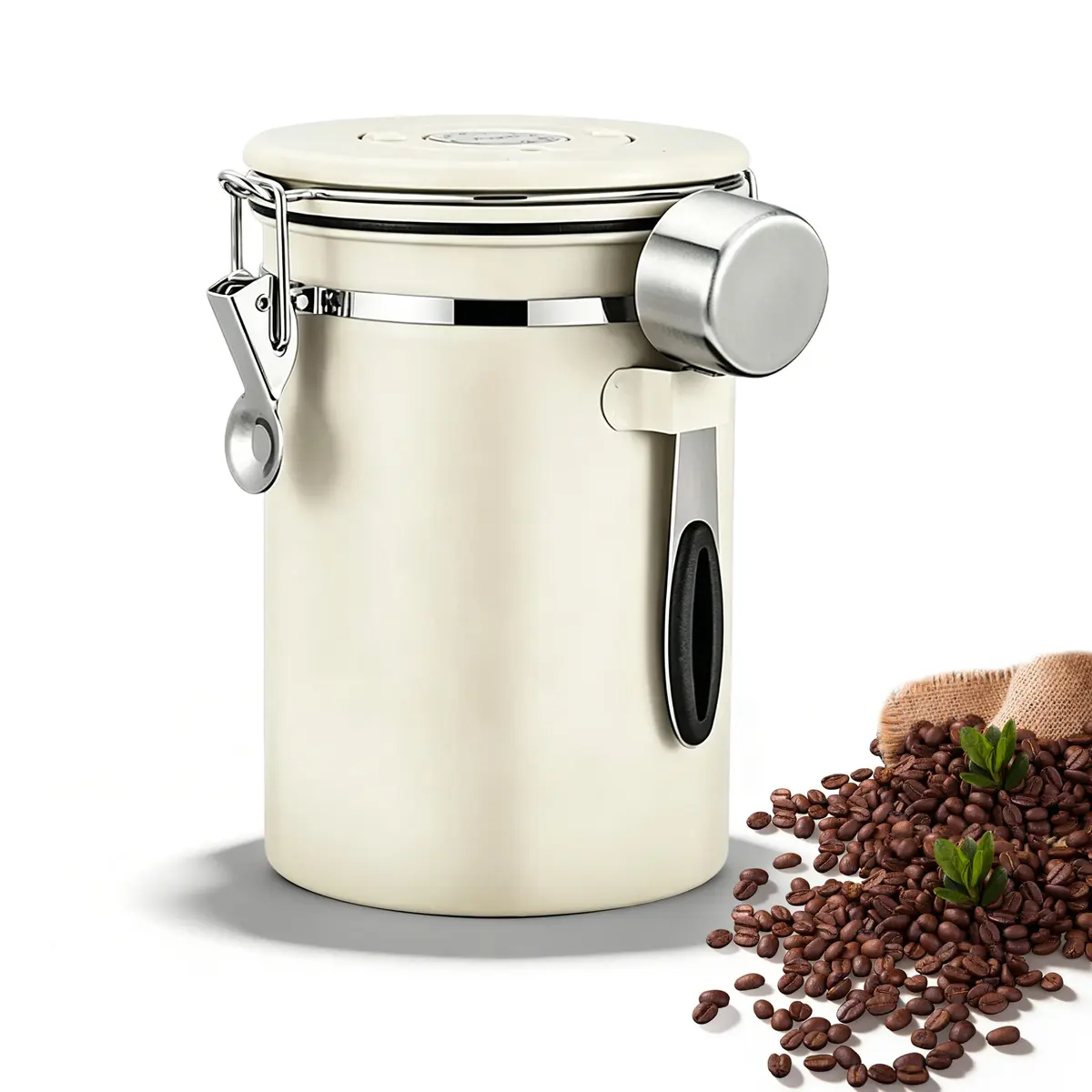Recipiente Para Café 1,8L Inox 304 com Colher, Para Chá, Farinha e Aveia, Branco