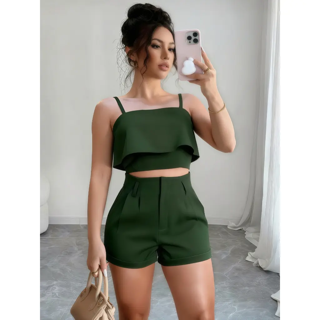 Conjunto feminino alfaiataria de 2 peças:Ragata Sem Mangas e Short Sólida P M G - 1