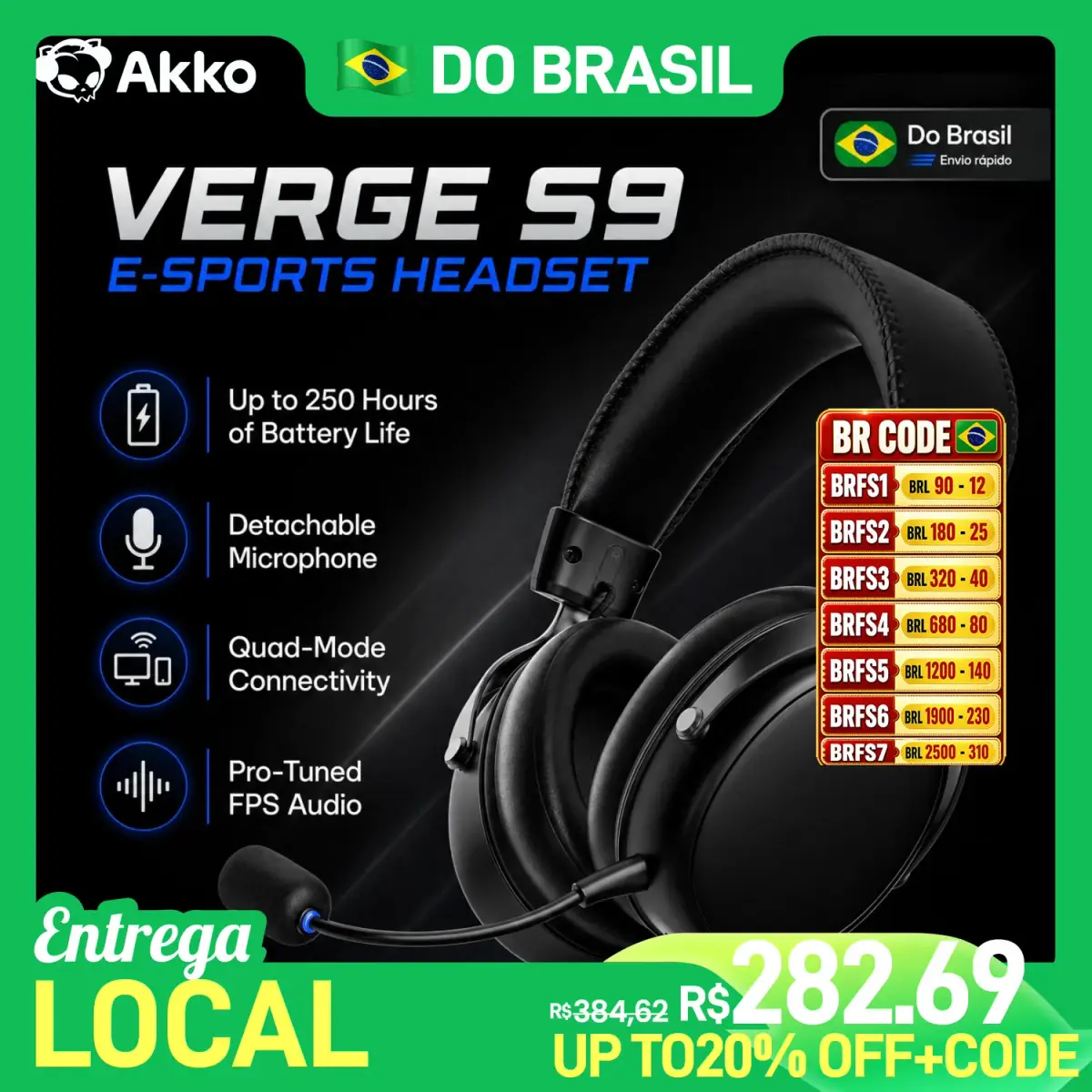 Fone de Ouvido AKKO VERGE S9 Ultra com Microfone, Som Surround Virtual 7.1, Modo Quádruplo, Acessórios para Jogos de PC e E-sports - 1