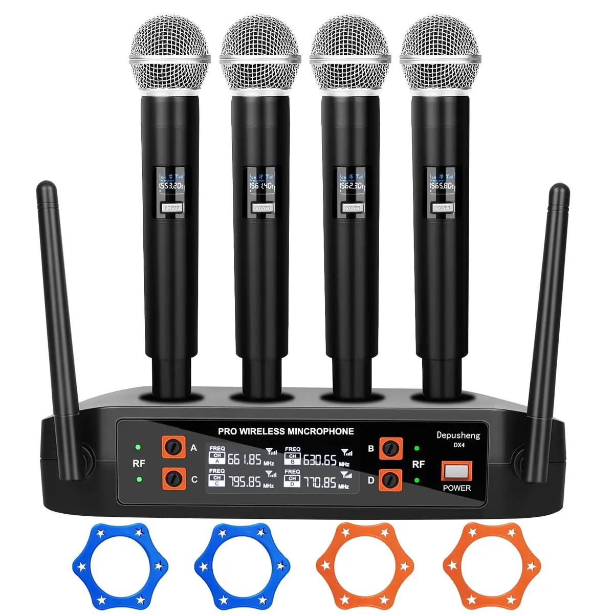 Kit 4 Microfone Sem Fio Profissional, Sistema de Microfone Sem Fio de 4 Canais, Microfone de Mão Dinâmico, Emparelhamento Automático