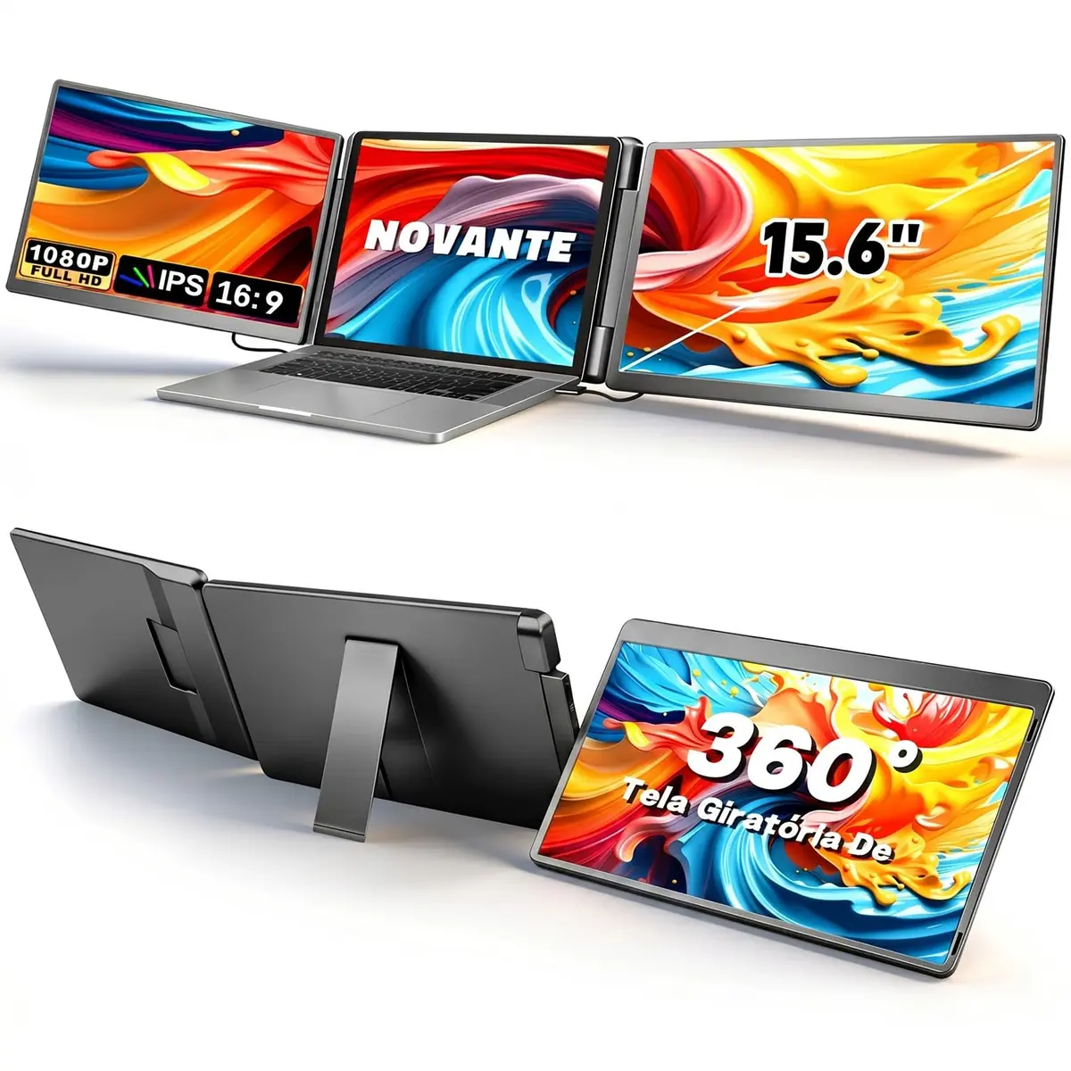 NOVANTE Monitor Portátil 15,6", USB-C/HDMI FHD 1080P IPS Tela Portátil para Notebook, Extensor de Tela Duplo para Notebook Giratória 360°, Compatível Windows Mac Switch (Cabos Inclusos)