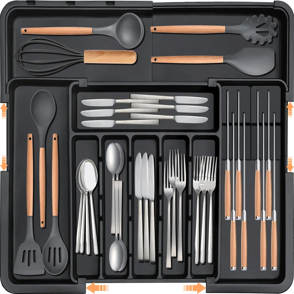 Homecor Organizador de talheres – Organizador de utensílios de cozinha grande expansível com 2 blocos de facas removíveis, 55 x 48 cm, divisórias de gaveta para talheres de cozinha (6 a 9