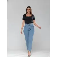 Calça Jeans Feminina Mom Alpha Street Wear Fashion e Confortavel Estilo Blogueira Azul Claro - 1