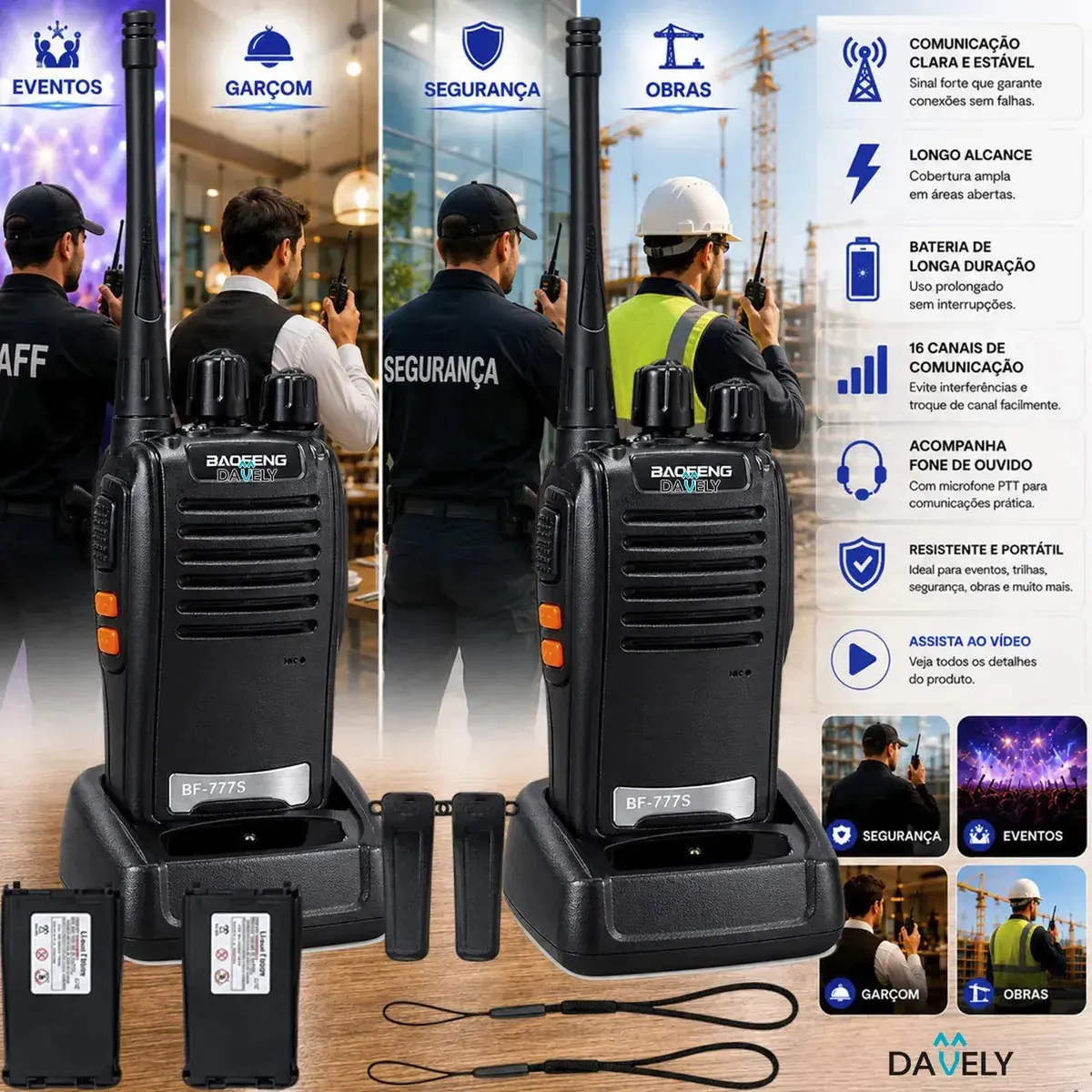 Kit 2 Rádios Comunicadores Walkie Talkie Profissional Eventos HT UHF Radinho walk talk - Com Fone Microfone e Acessórios Comunicação Segura Longo distancia Segurança Garçom Portátil Antena PTT Davely