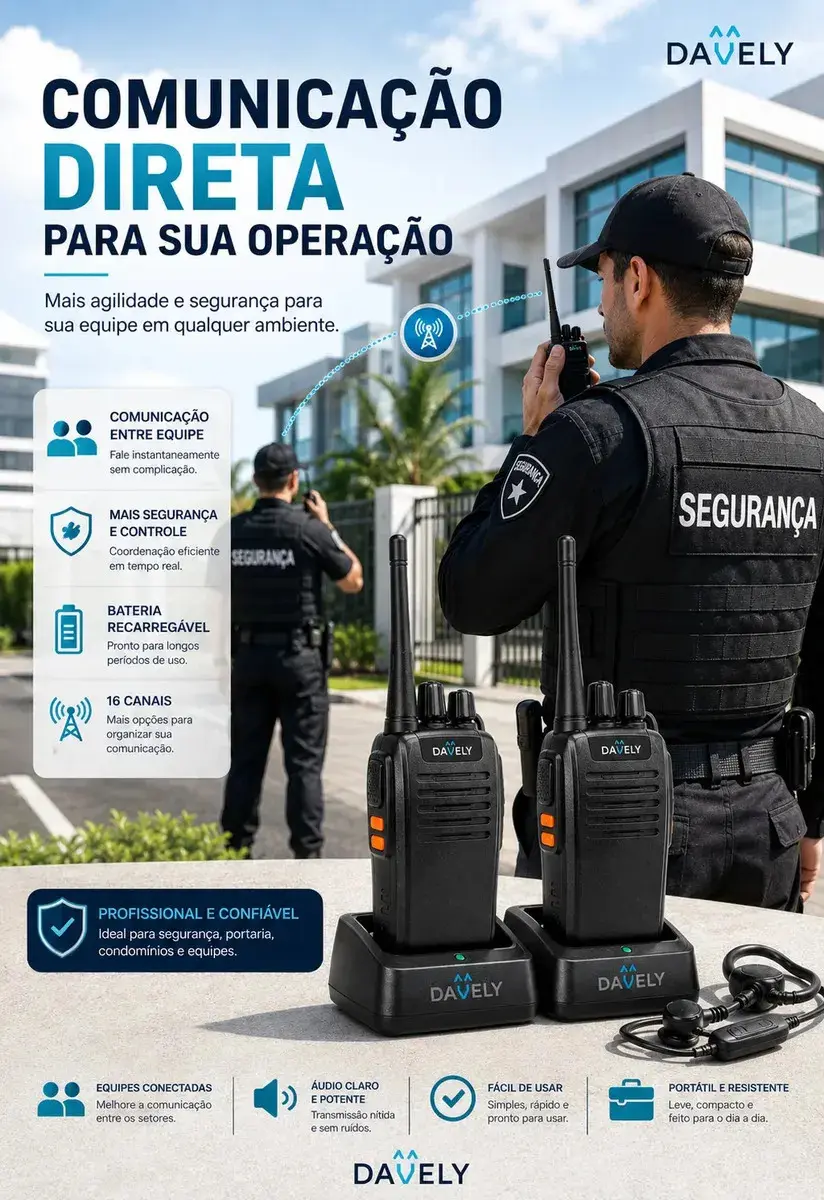 Kit 2 Rádios Comunicadores Walkie Talkie Profissional Eventos HT UHF Radinho walk talk - Com Fone Microfone e Acessórios Comunicação Segura Longo distancia Segurança Garçom Portátil Antena PTT Davely thumbnail 2