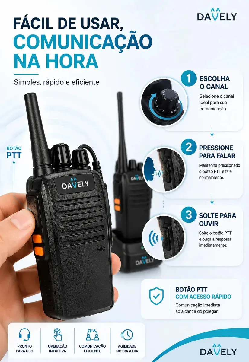 Kit 2 Rádios Comunicadores Walkie Talkie Profissional Eventos HT UHF Radinho walk talk - Com Fone Microfone e Acessórios Comunicação Segura Longo distancia Segurança Garçom Portátil Antena PTT Davely thumbnail 3