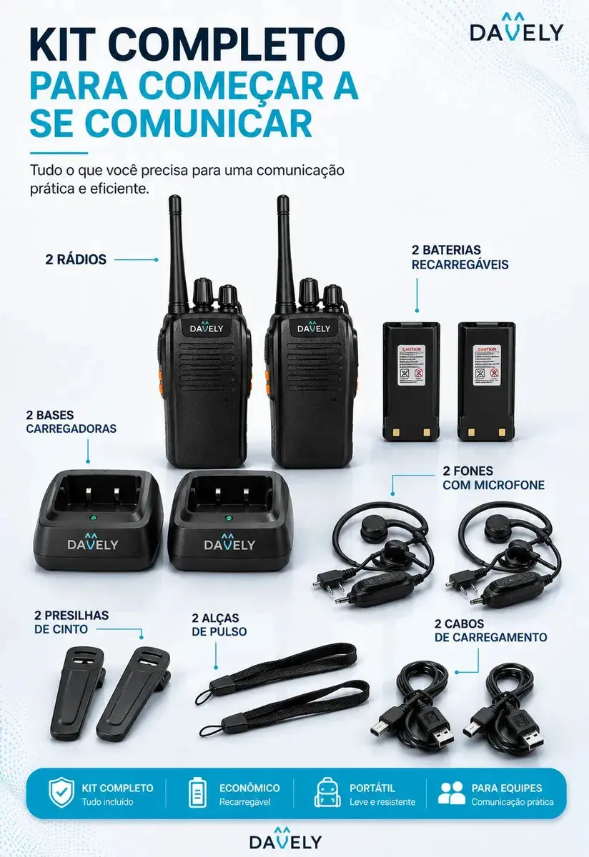 Kit 2 Rádios Comunicadores Walkie Talkie Profissional Eventos HT UHF Radinho walk talk - Com Fone Microfone e Acessórios Comunicação Segura Longo distancia Segurança Garçom Portátil Antena PTT Davely thumbnail 4