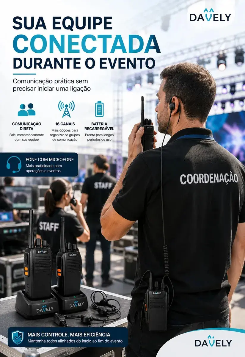 Kit 2 Rádios Comunicadores Walkie Talkie Profissional Eventos HT UHF Radinho walk talk - Com Fone Microfone e Acessórios Comunicação Segura Longo distancia Segurança Garçom Portátil Antena PTT Davely thumbnail 5