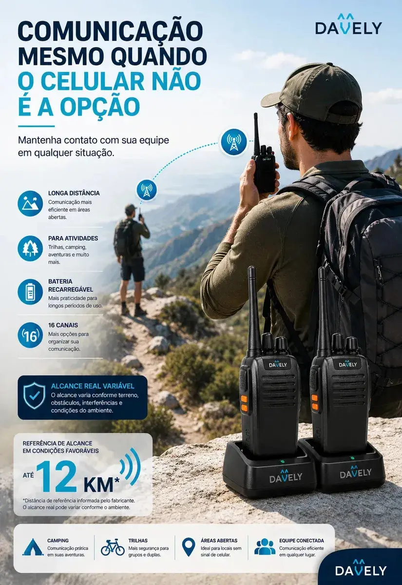 Kit 2 Rádios Comunicadores Walkie Talkie Profissional Eventos HT UHF Radinho walk talk - Com Fone Microfone e Acessórios Comunicação Segura Longo distancia Segurança Garçom Portátil Antena PTT Davely thumbnail 6