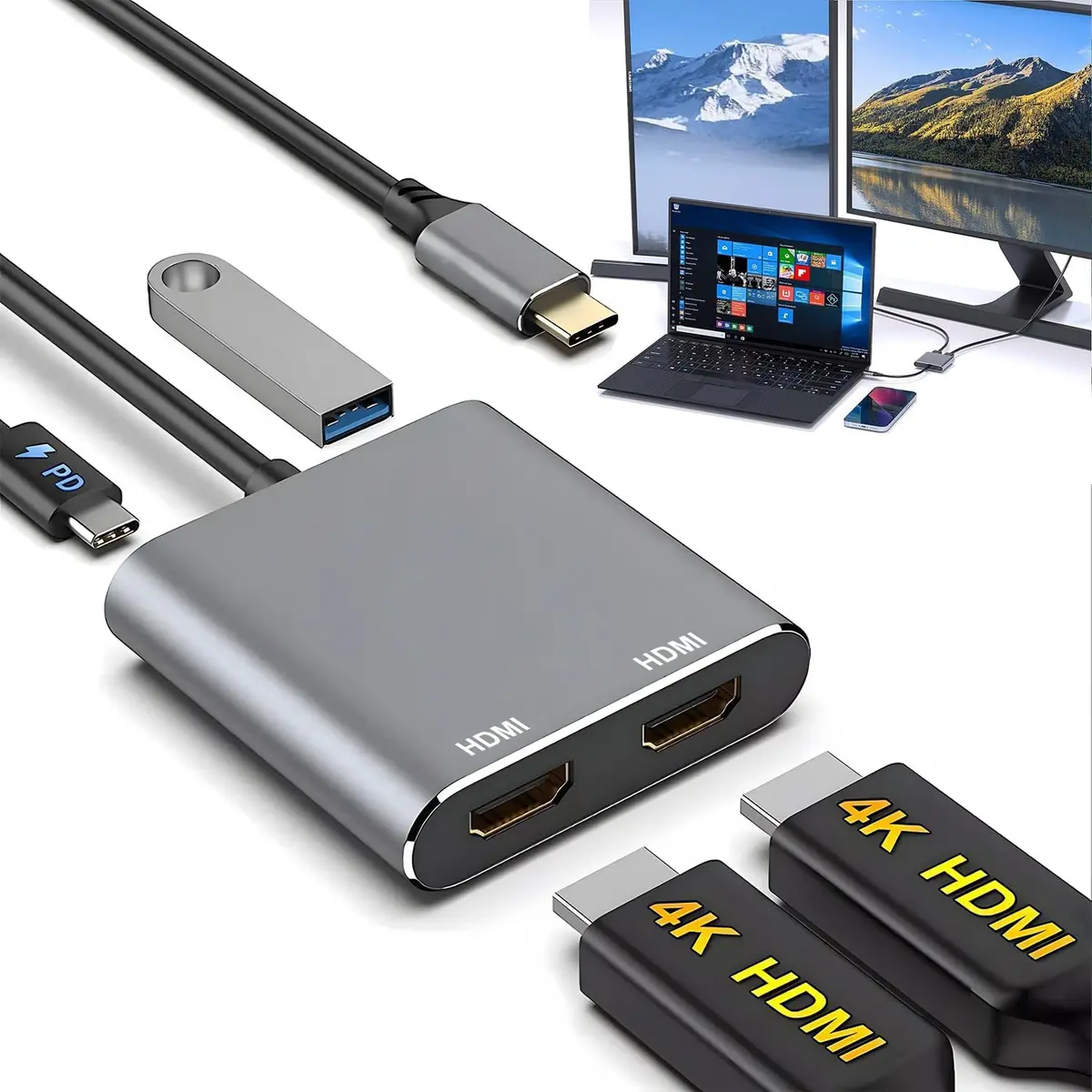 MYBEEM USB C Para 2 Hdmi 4k 60Hz, USB 3.0 5Gbps, Hub para 2 Monitores | Adaptador USB para Hdmi, 100W PD, Compatível com Dois Monitores, Suportando Dispositivos MAC OS, Windows, Android e Linux
