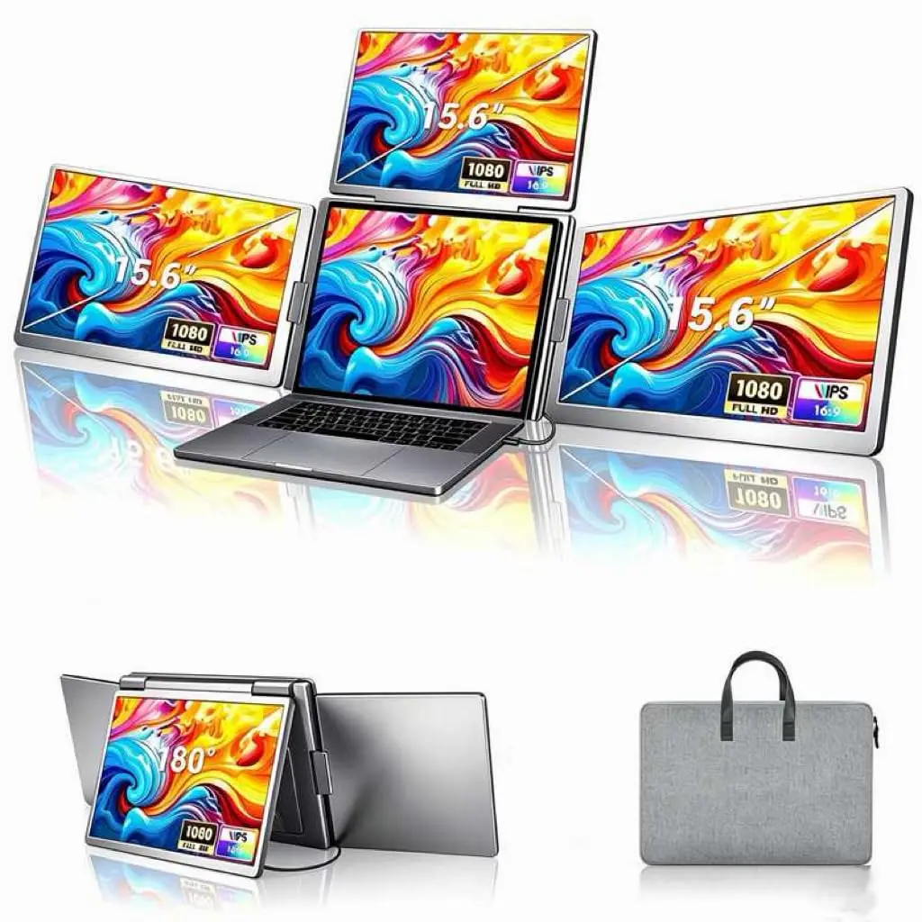 NOVANTE Expansor Triplo p/Notebook 12-18.5", 3 Telas IPS 15.6" Full HD, USB-C Vídeo+Energia, Plug-and-Play, 4 Telas com Design Dobrável, Ideal para Programadores e Home Office