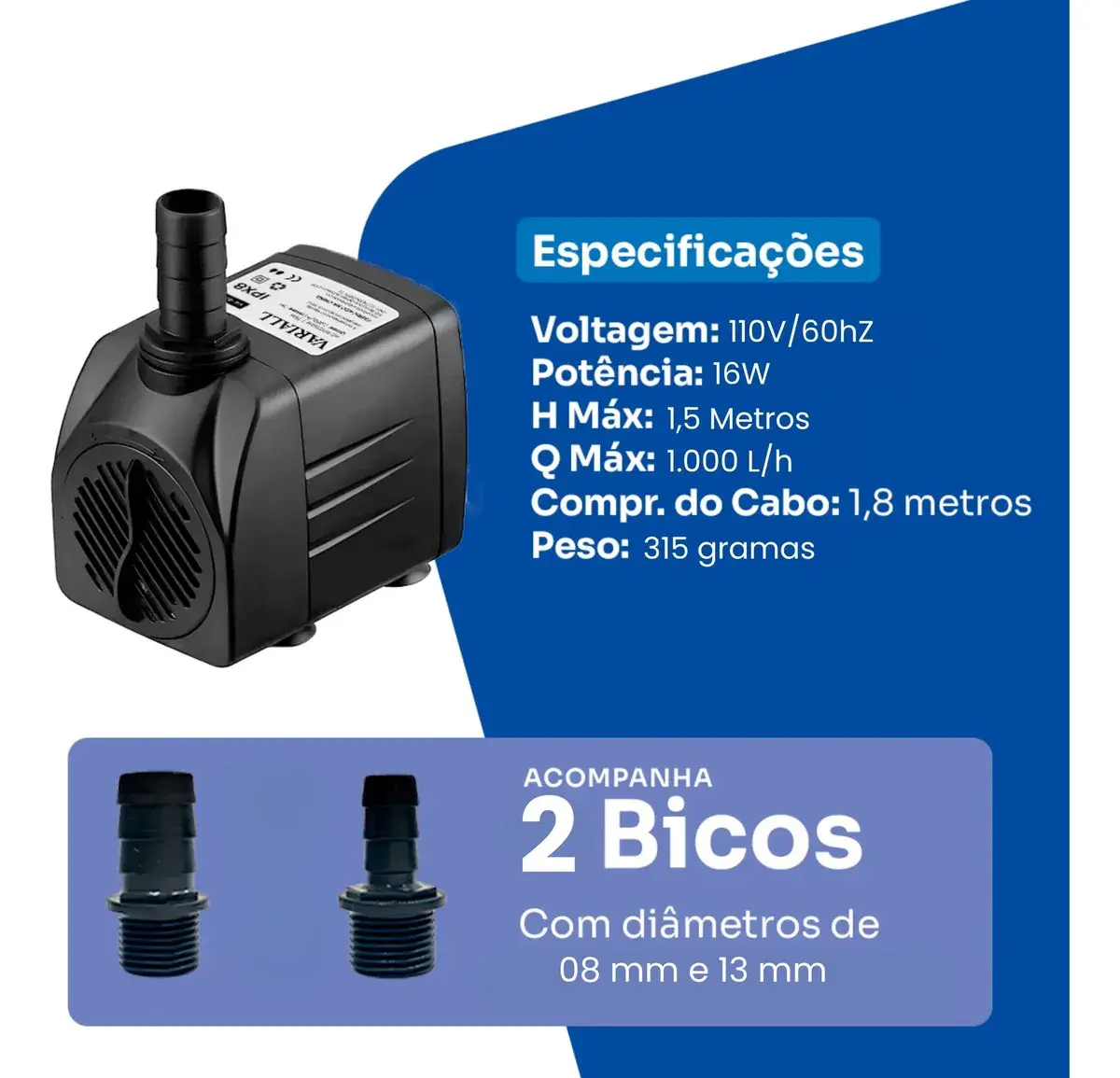 Bomba Submersa 1000 l/h Bombinha 1,5m Lagos Recalque Fontes Aquários Cascata Chafariz Motor Água Doce Salgada Marinho Fonte Hidroponia Aquaponia thumbnail 2
