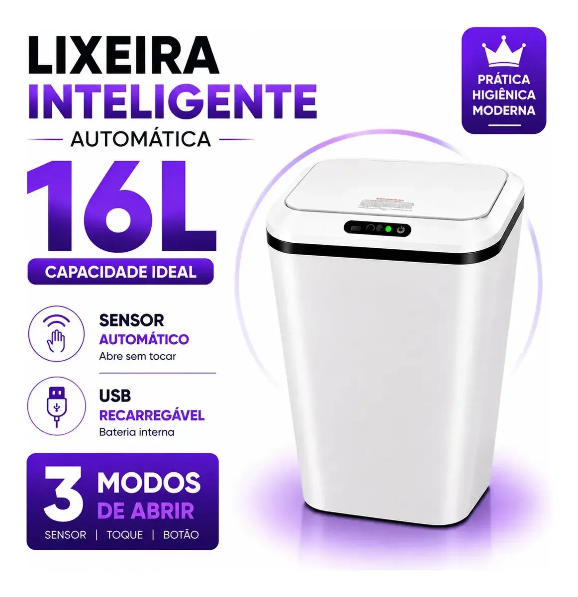 Lixeira Inteligente Automática 16L Sensor Infravermelho Recarregável USB-C 3 Modos Tampa Touch Banheiro Cozinha - 1