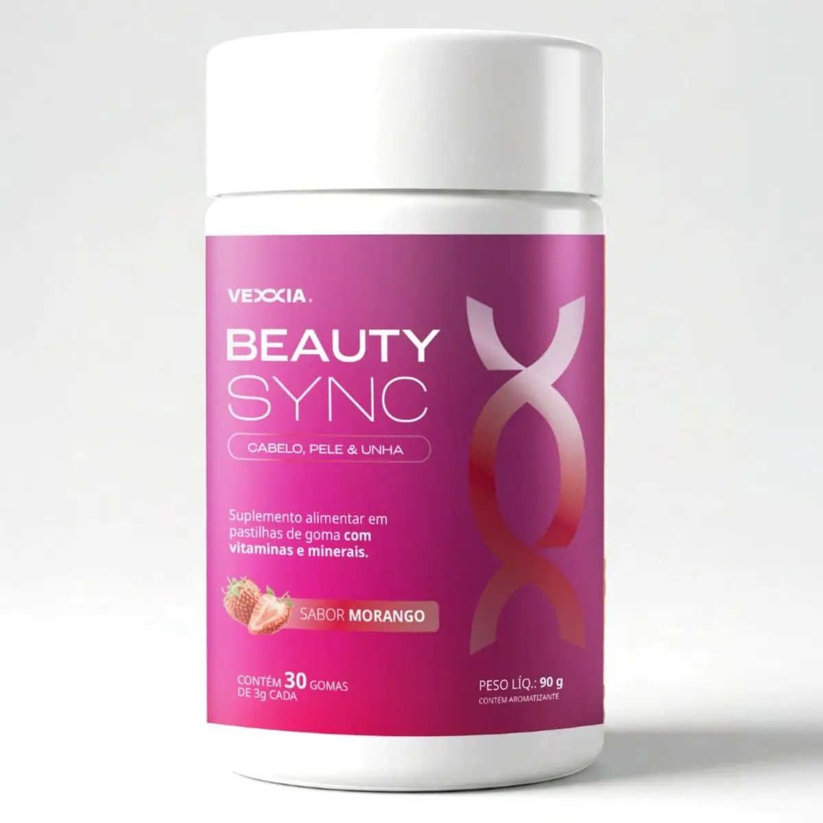 Suplemento Gummy de Morango Cabelo Pele Unha 30un Colágeno Vitamina A C D E B Biotina Zero Açúcar Beauty SYNC Sync Vexxia