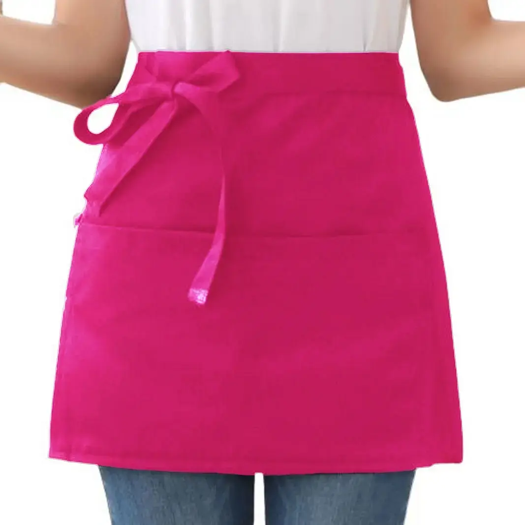 Avental Brim Cintura Curto 2 Bolsos Algodão Chef Atendente Cor Rosa-chiclete Desenho Do Tecido Liso