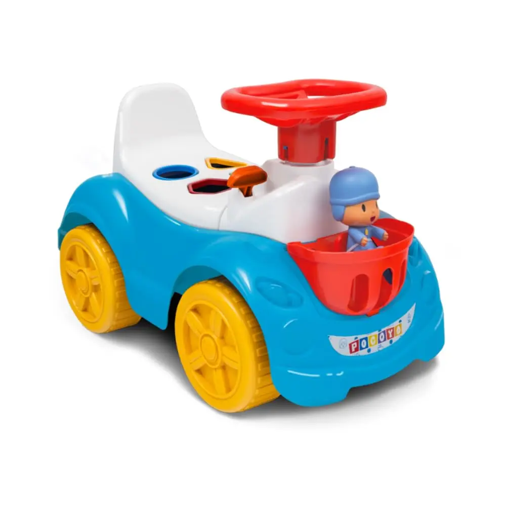 Cardoso Toys Totokinha Pocoyo com Boneco - Veículo de Montaria | Plástico e Vinil 51 cm - 1 totokinha, 1 cestinha, 4 formas geométricas e 1 boneco de vinil - Brinquedo para Meninos