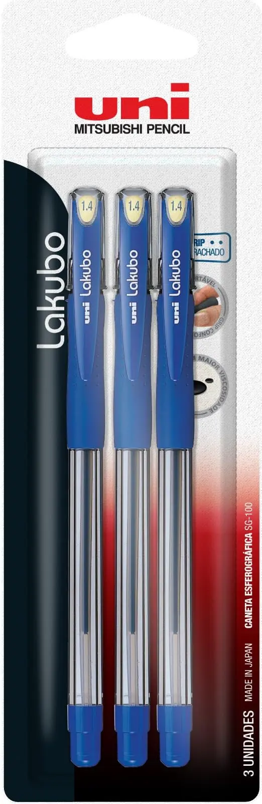 Uni-ball Lakubo SG-100 Caneta Esferográfica - 1.4mm - Azul - Blister com 3 unidades azuis