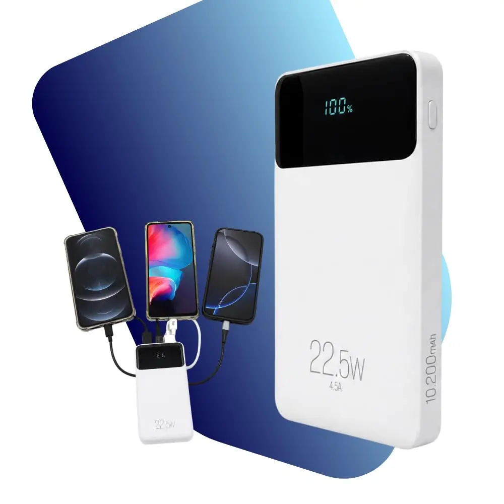 Carregador Portátil Power Bank 10.200mAh 22.5W Turbo Carga Rápida | Portátil Display Digital 3 Saídas USB-C e 2 USB Carrega 3 Aparelhos Celular iPhone Android Aprovado para Voo