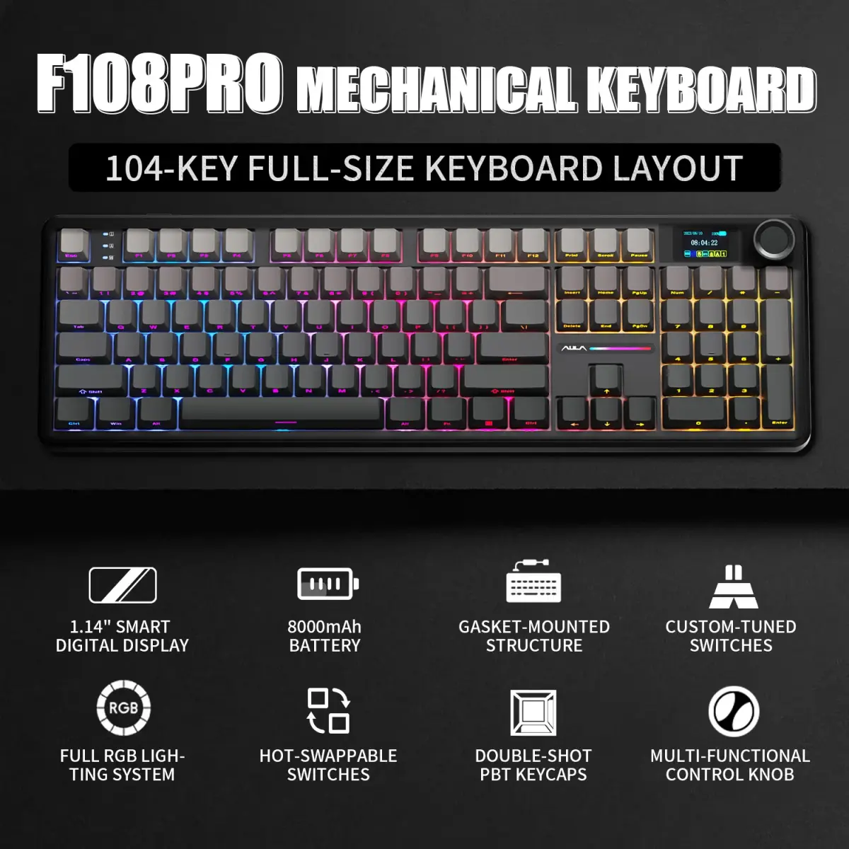 Teclado Mecânico AULA F108 PRO Personalizado com Layout 100% RGB Retroiluminado Sem Fio Bluetooth Hifi Switch para Jogos - 1