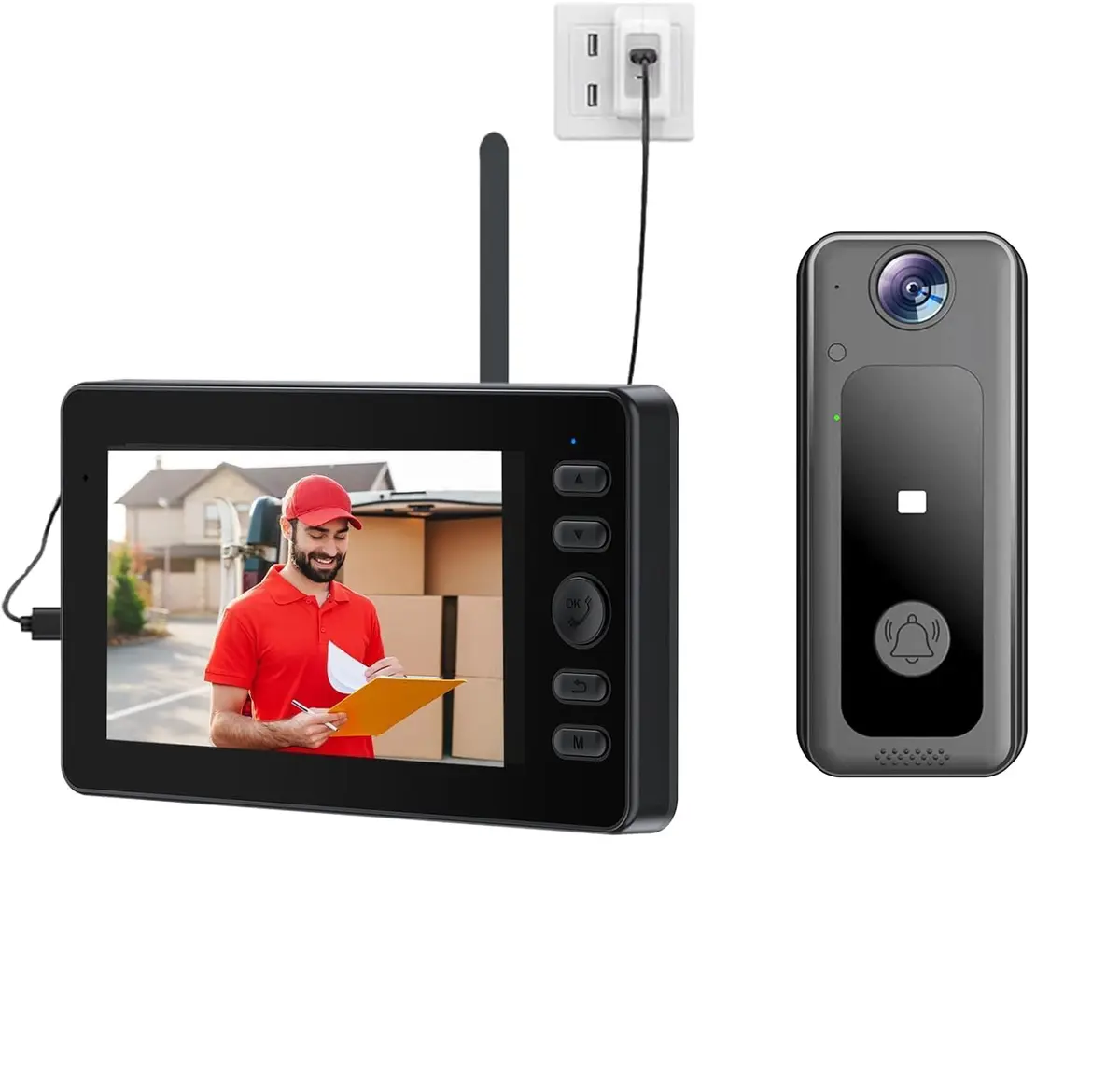 Campainha Inteligente Sem Fio com Vídeo Porteiro, Intercom de Áudio e Visão Noturna, Tela IPS 4.3”, Ângulo de 170°, Vídeo Porteiro Bidirecional Residencial Interno E Externo (M13S)