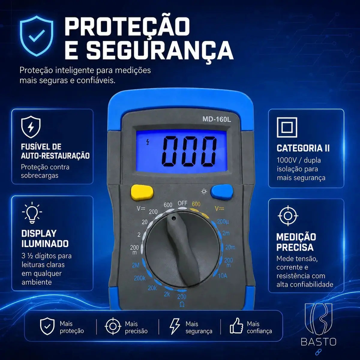 Multímetro Digital Com Iluminação Bip Profissional Portátil Md-180l B Basto Com Bateria thumbnail 2