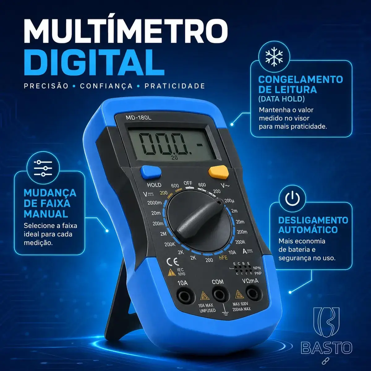 Multímetro Digital Com Iluminação Bip Profissional Portátil Md-180l B Basto Com Bateria thumbnail 3