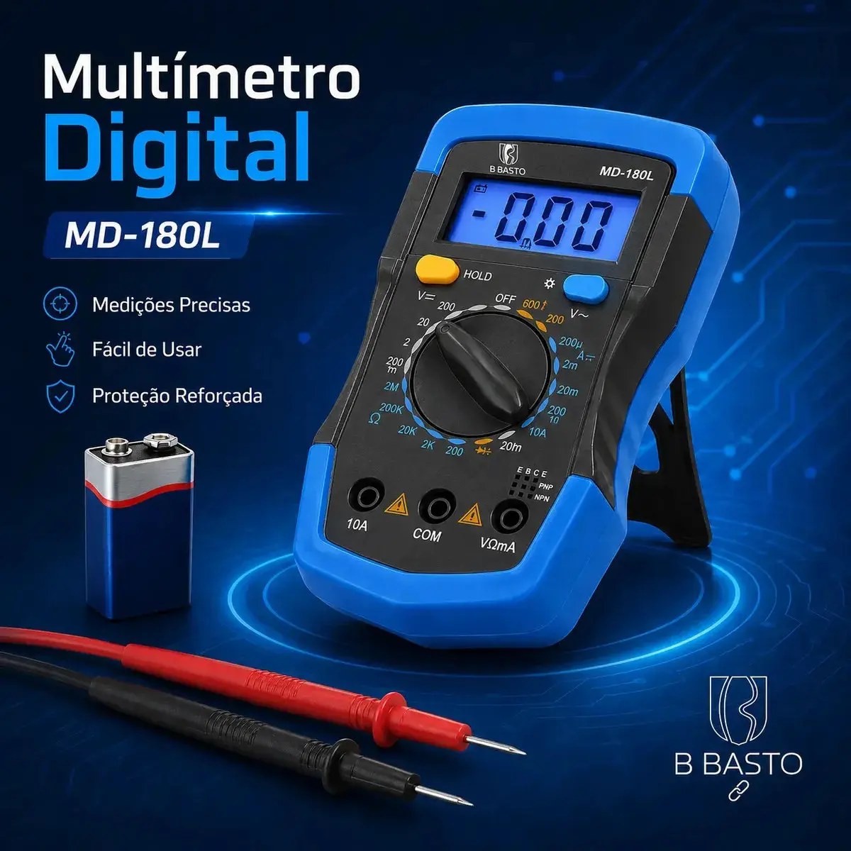 Multímetro Digital Com Iluminação Bip Profissional Portátil Md-180l B Basto Com Bateria thumbnail 6