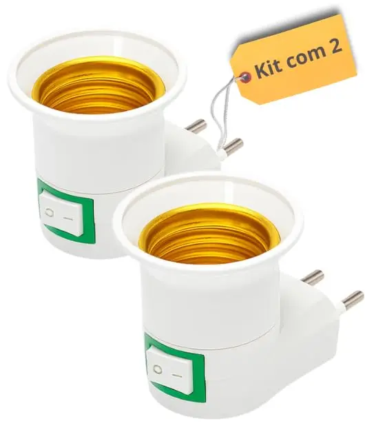 Kit 2 Soquete E27 Bocal para Lâmpada com Chave Liga Desliga Bivolt Tomada | Adaptador de Tomada para Lâmpada com Interruptor Instalação Fácil Encaixe E27 Bivolt Serve em Qualquer Tomada Comum