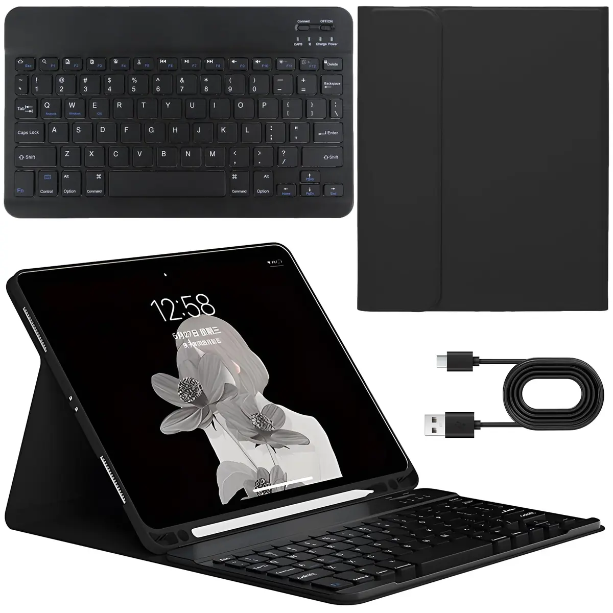JINYUHAY Capa Fólio com Teclado Bluetooth e Porta-Lápis para iPad,Preto | Compatível com iPad 10.2" 7ª/8ª/9ª, iPad Air3 10.5", iPad Pro 10.5" 2017, porta-lápis, teclado removível, proteção completa