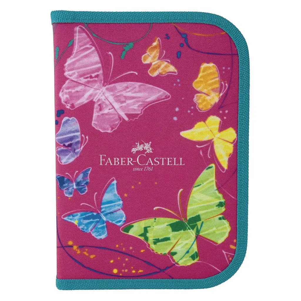 Estojo de Nylon Faber-Castell Borboleta Rosa Lapis de Cor 12 Cores, 2 Canetas Esferograficas, Lapis Grafite, Regua, Apontador e Borracha, Faber-Castell, 18.2208RS, Rosa